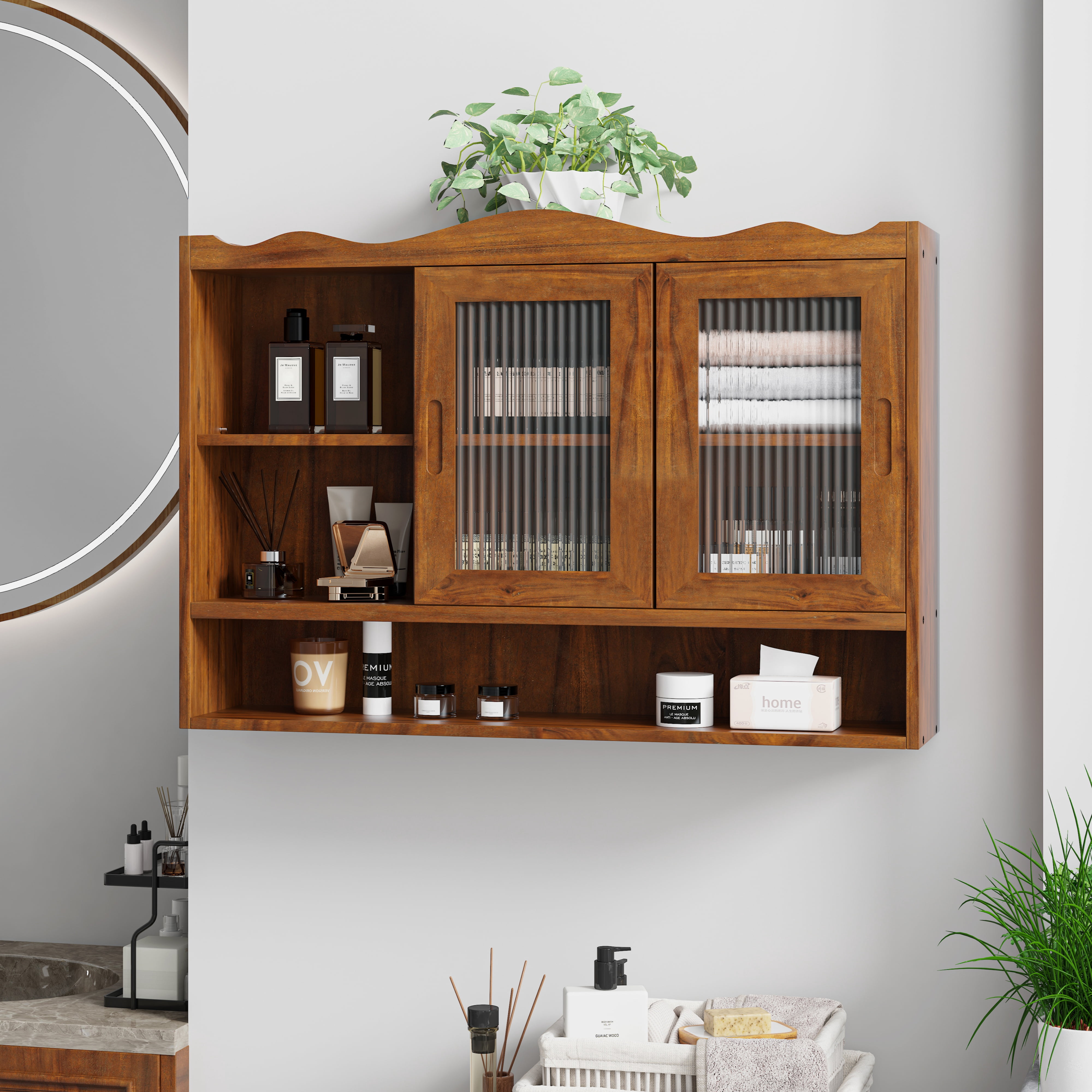 35.4" Retro 2 Door Sliding Cabinet Three Layers of Storage Space, Suitable for Bathrooms, Kitchens, Dining Rooms, Brown