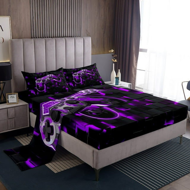 YST Boys Sheets Game Console Sheet Set for Kids Teen 3D Geometry Gamepad Gaming Queen Bed Sheets Set, Cool Neon Square Gamer Controller Bedding Set 4Pcs, Purple