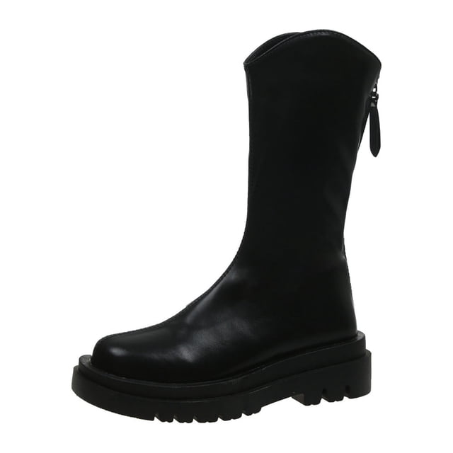 Ladies Boots Thick-soled Mid-tube Boots Round Toe British Style All-match Solid Color Womens Boots Shoes