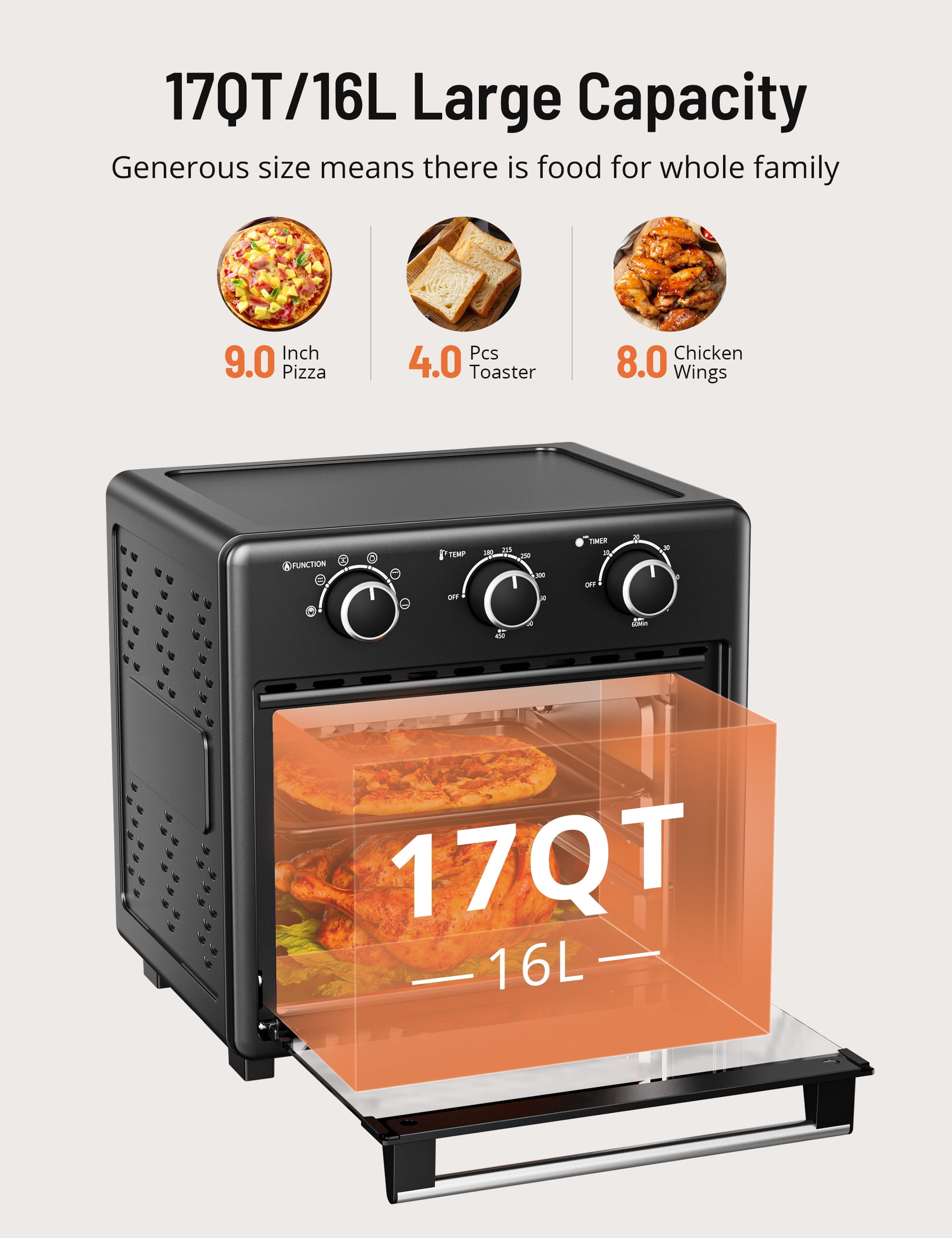 TaoTronics Air Fryer, 17QT Large Capacity Toaster Oven Countertop 6-in-1 Combo, Non-Stick, 1700W