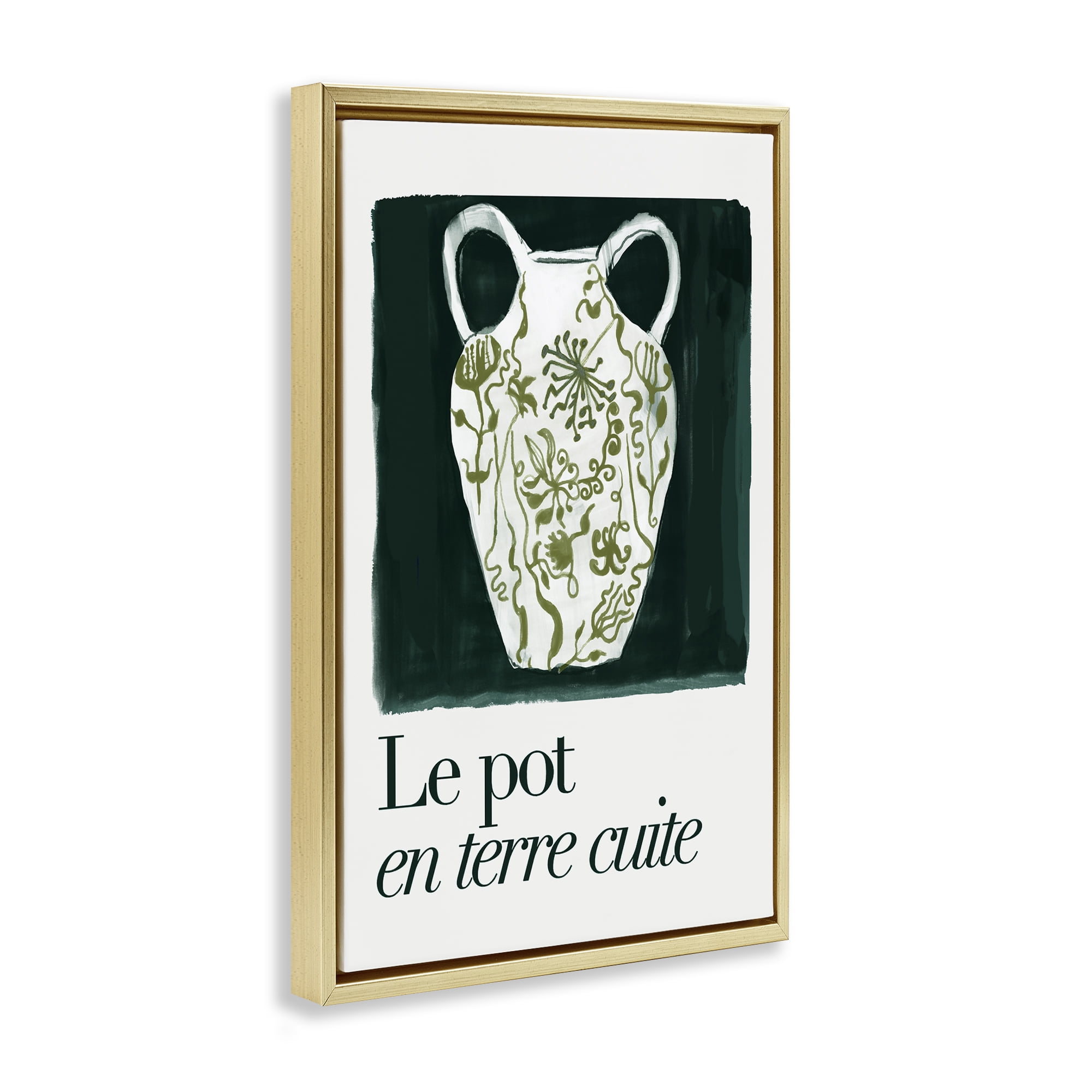 Stupell Industries Floral Pot Vase History & Language Painting Gold Floater Framed Canvas Art Print Wall Art, 21 x 31