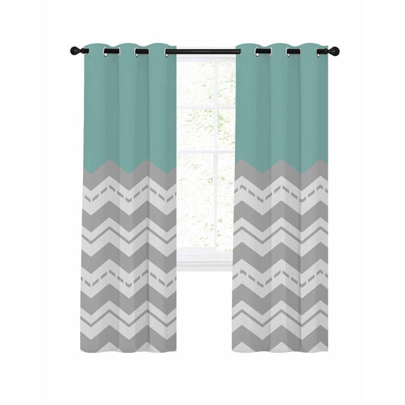 Grey Chevron Blackout Curtains, Light Blocking Print Window Curtains, Geometric Turquoise Print Wavy Striped White Thermal Insulated Window Drapes for Living Room 2 Panels, 104"W x 52"L