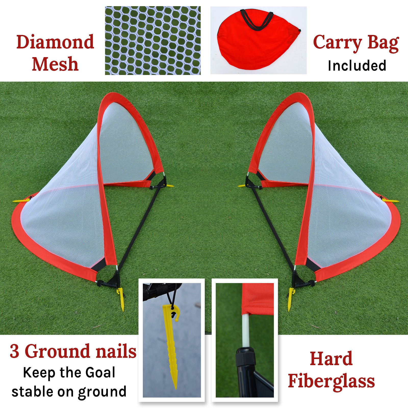 SUNRISEUMBRELLA 4ft Portable Pop Up Soccer Goal Football Practice Training Sport Nets w CarryBag（RED)