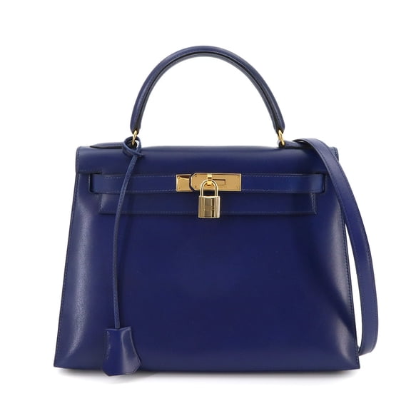 Pre-Owned Hermes Kelly 28, Box Calf Leather, Blue, 2-way Handbag/Shoulder Bag, External...