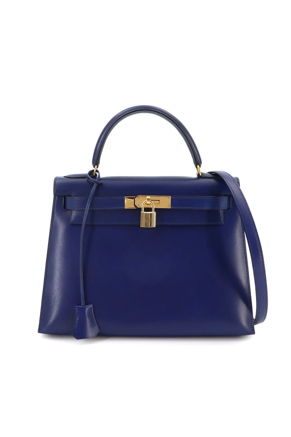 Pre-Owned Hermes Kelly 28, Box Calf Leather, Blue, 2-way Handbag/Shoulder Bag, External...