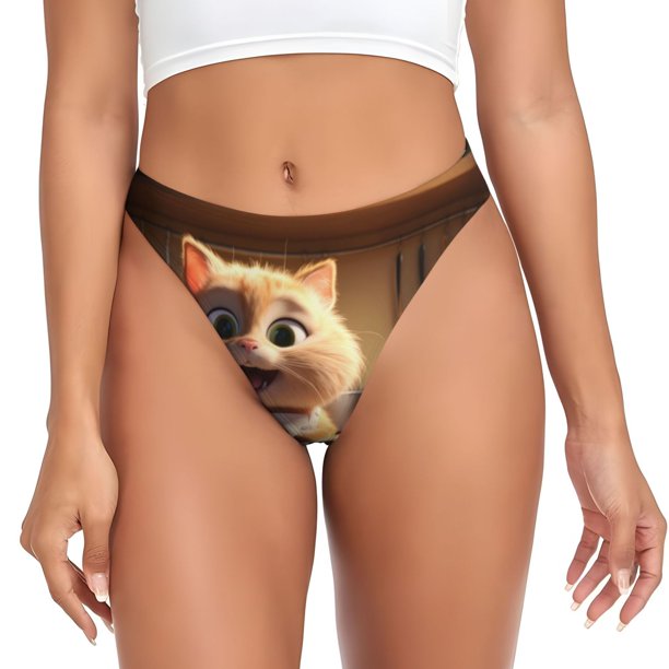 Balery Cartoon Cooking Cat Tangas de Algodón para Mujer con Estampado – Ropa Interior Sexy, Transpirable, G-string-Small