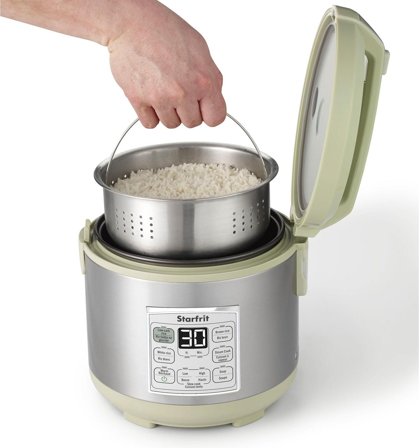 Starfrit Cuiseur À Riz Faible En Glucides 14 Tasses, Réduit Les Glucides, 7 Fonctions, Panier Vapeur, Marmite Antiadhésive, Facile À Nettoyer, Cuisine Saine Riz Brun Blanc Soupe