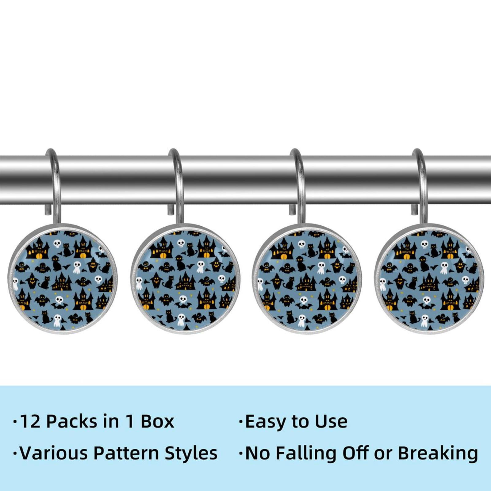 12pcs Decorative Shower Curtain Hooks, Rust Resistant Shower Rings for Bathroom Living Room,Rustproof Stainless Steel Rings for Shower Curtain and Liner Rods,Halloween Castle Bat Cats