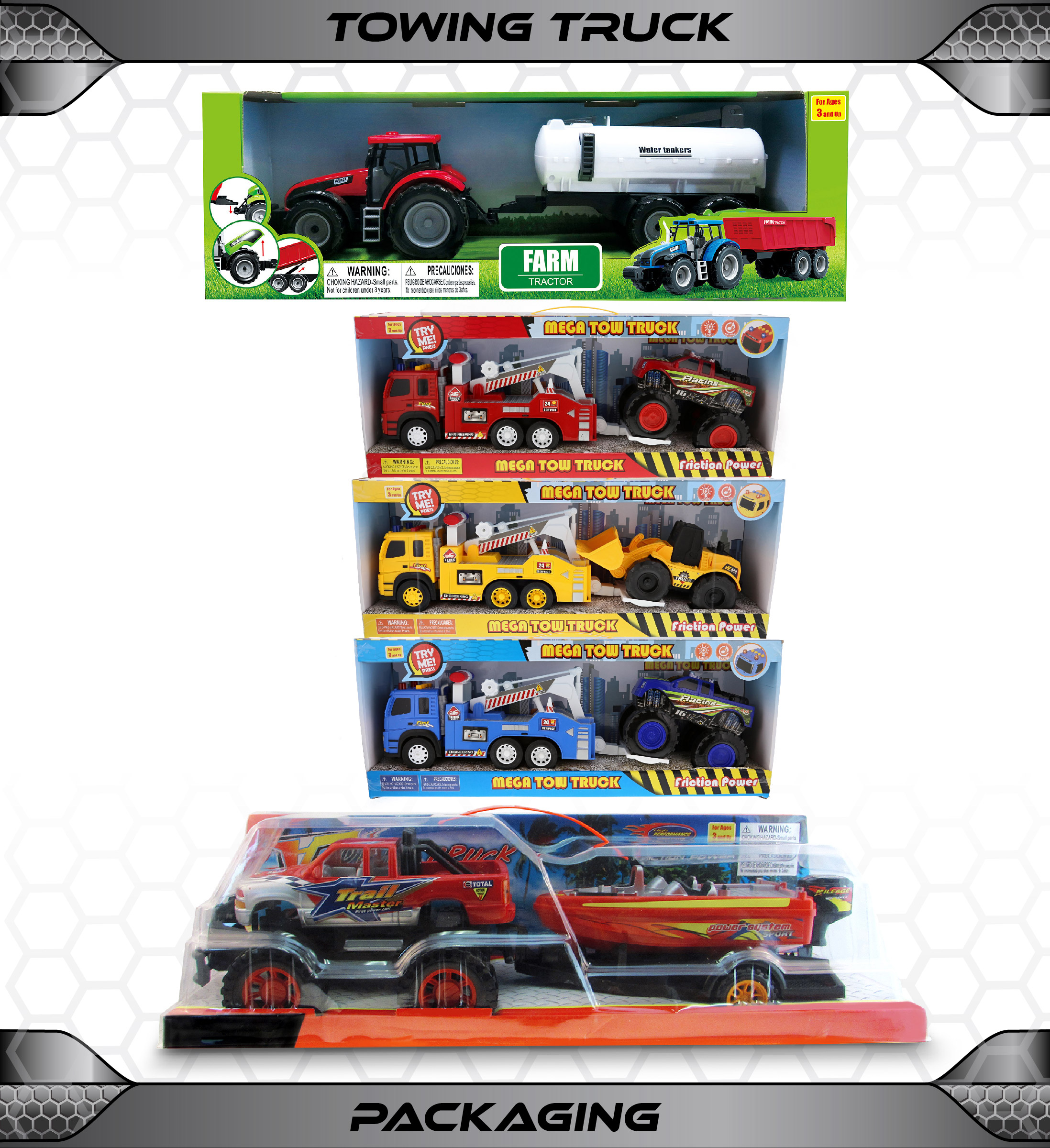 Mozlly Friction Powered Truck Toy Set – Includes 1 Monster Pick Up with Speed Boat, 3 Emergency Tow Trucks with Racing Trucks and 3 Farm Vehicles with Water Tank, Log Hauler, Tractor – Styles Vary - image 5 of 7