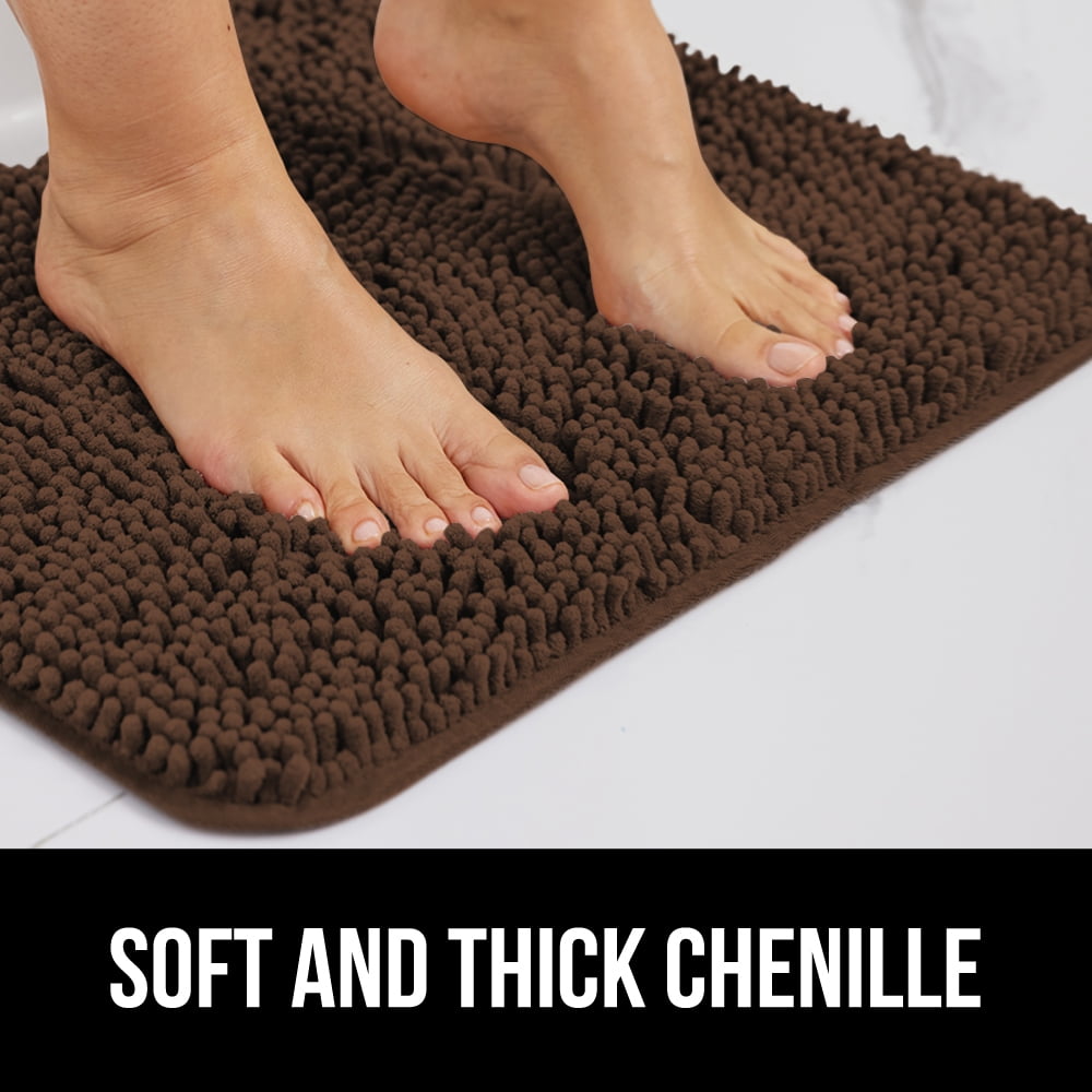 GORILLA GRIP Chenille Bath Rug 24x17, Rubber Backing Quick Dry Washable Microfiber Mats, Brown