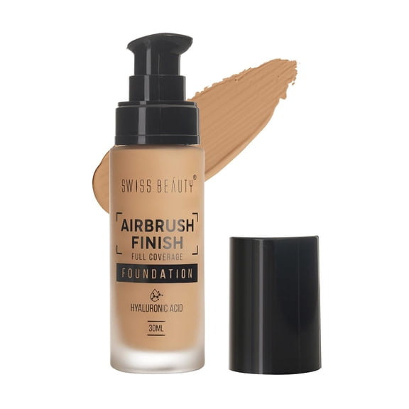 SWISS BEAUTY Airbrush Finish Lightweight Foundation | Full Coverage Blendable Foundation For Face Makeup |With Benefits Of Hyaluronic Acid, Aloevera And Vitamin E | 30Ml | Shade- Nude Beige