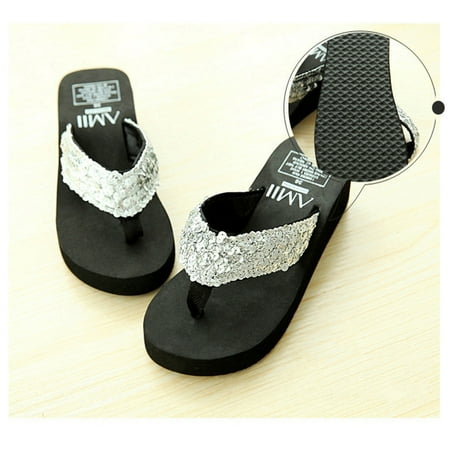 

JIMING Women s Glitter Platform Sandals Shiny Thong Sandals Non-slip Wedge Heel Flops Size 37 (Silver)
