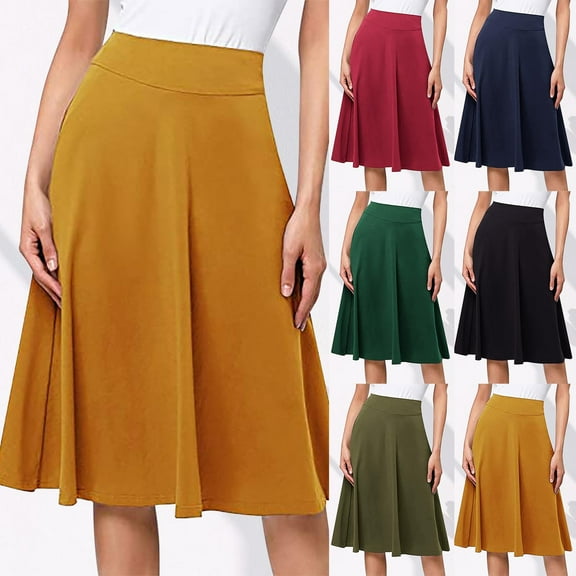 Skirts for Women 4-way Stretch Women Girl Stretch High Waist Pleated Mid Length Version Knit Flared Skirt Basic Essentials Summer Vacation Beach Fashion