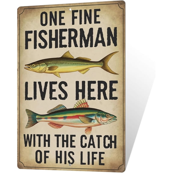 Vintage Gone Fishing Metal Wall Sign One Fine Fisherman Lives Here Lake House Decor 8x12 Inches