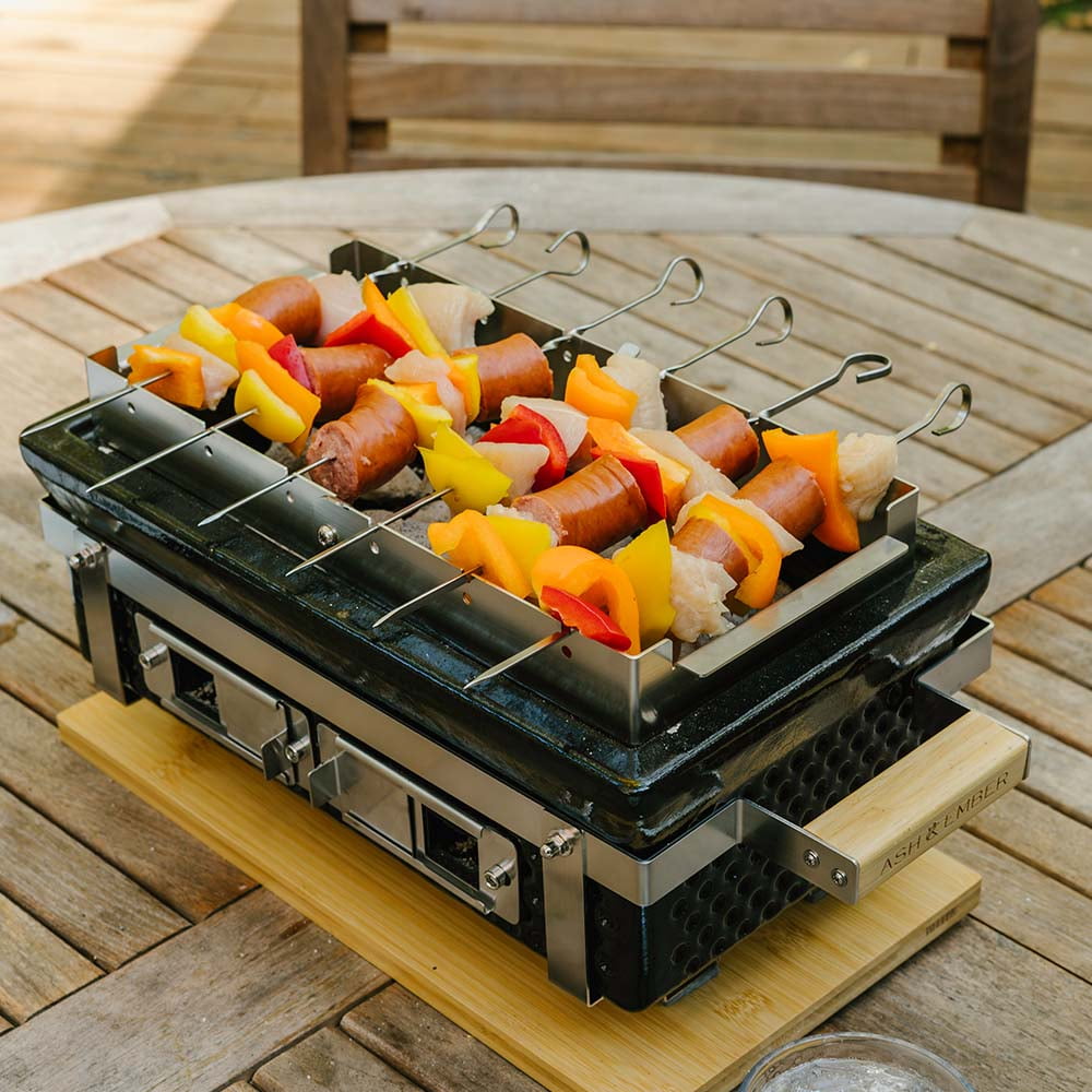Ash & Ember 16" Hibachi Tabletop Grill And Skewer Set, Ceramic Charcoal Grill