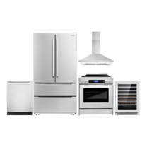 Cosmo 5 Piece Kitchen Appliance Package with 30" Freestanding Electric Range 30" Wall Mount Range Hood 24" Built-in Fully Integrated Dishwasher French Door Refrigerator & 48 Bottle Wine Refrigerator