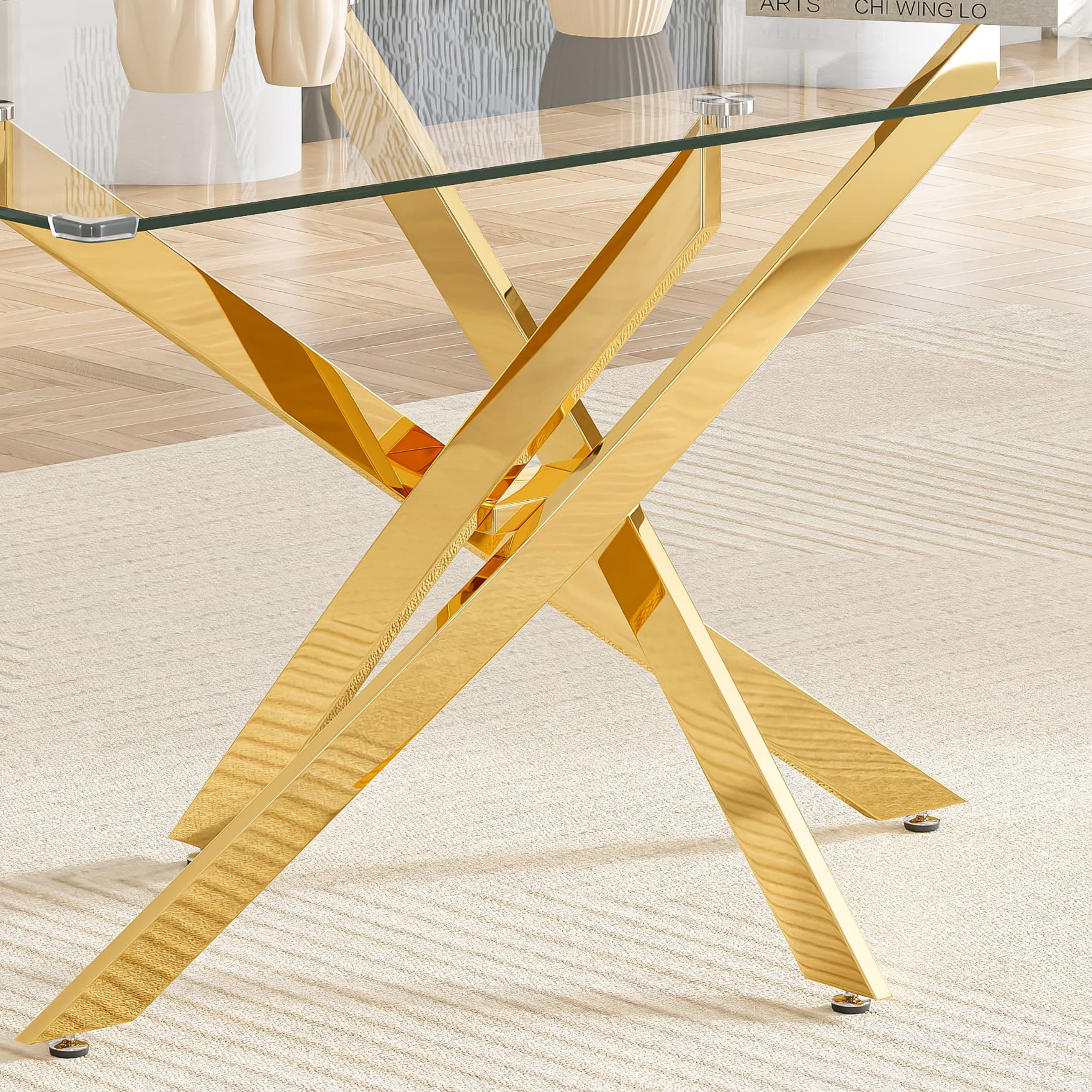 63" Rectangular Glass Dining Table, Modern Clear Tempered Glass Top with Gold Stainless Steel Cross-Legged Base, for Kitchen, Apartment, Living Room