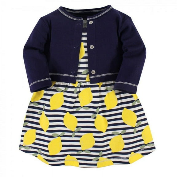 Touched by Nature Baby and Toddler Girl Organic Cotton Dress and Cardigan 2pc Set, Lemons, 0-3 Months