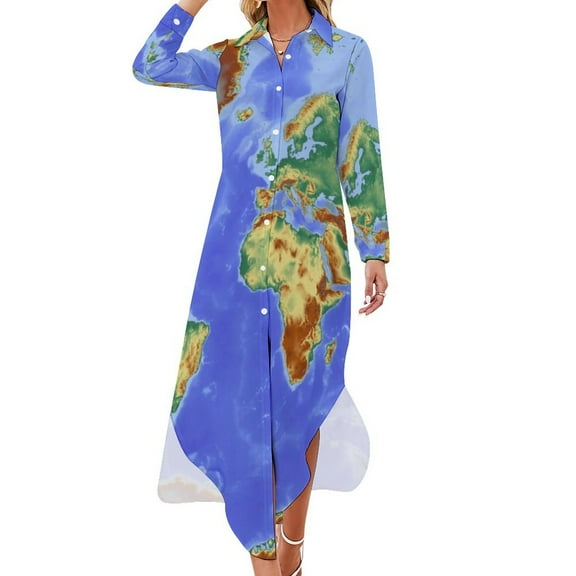 Earth Map Casual Dress Map of The World Stylish Dresses V Neck Cute Chiffon Dress Long Sleeve V