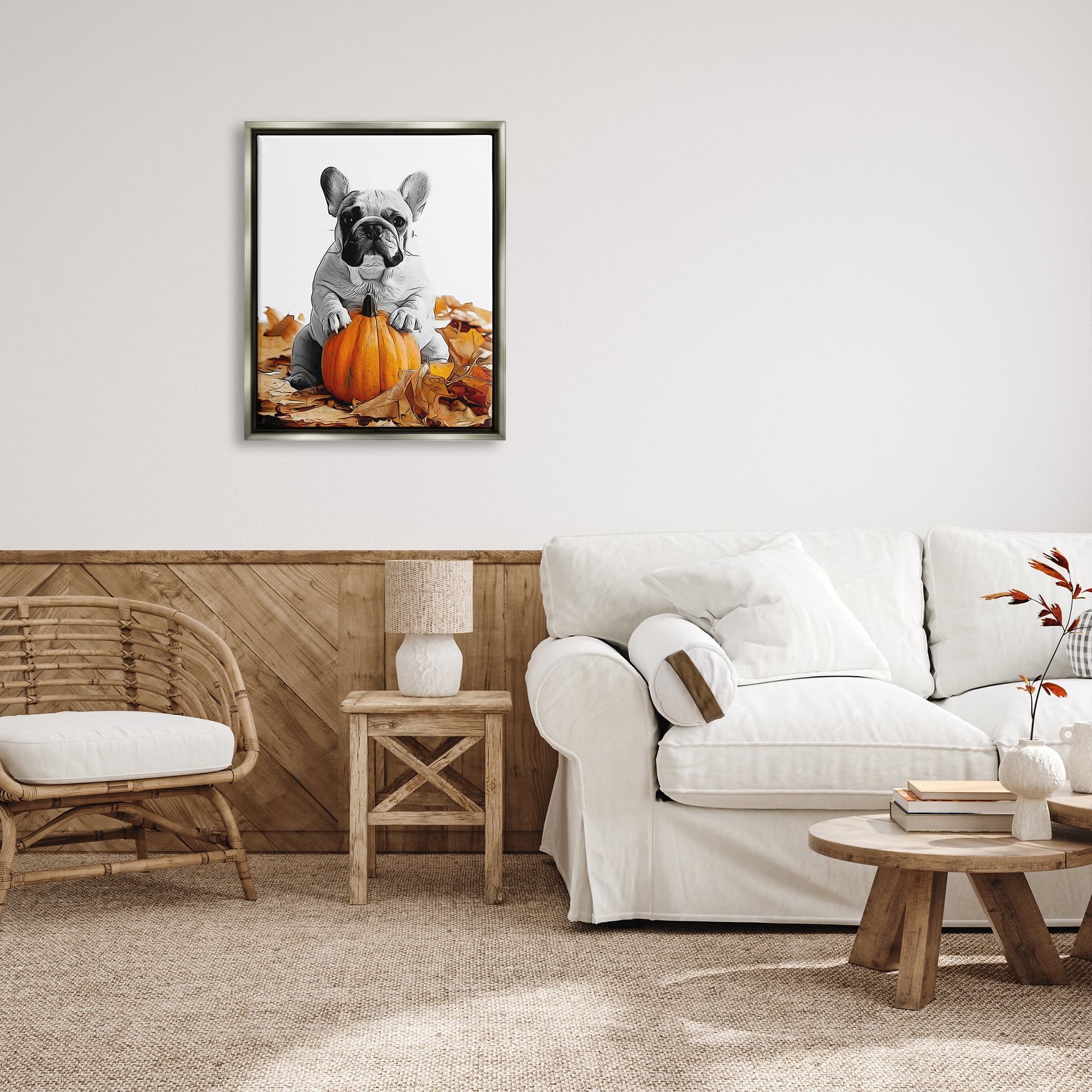 Stupell Industries Puppy with Fall Pumpkin Holiday Painting Gray Floater Framed Canvas Art Print Wall Art, 25 x 31