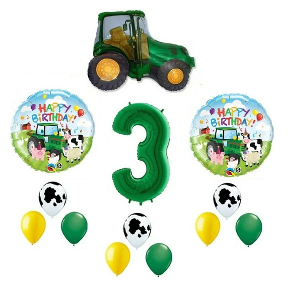 Farm Tractor 13 Piece #3 3rd Green Tan Happy Birthday Balloon Bouquet Party Decoration