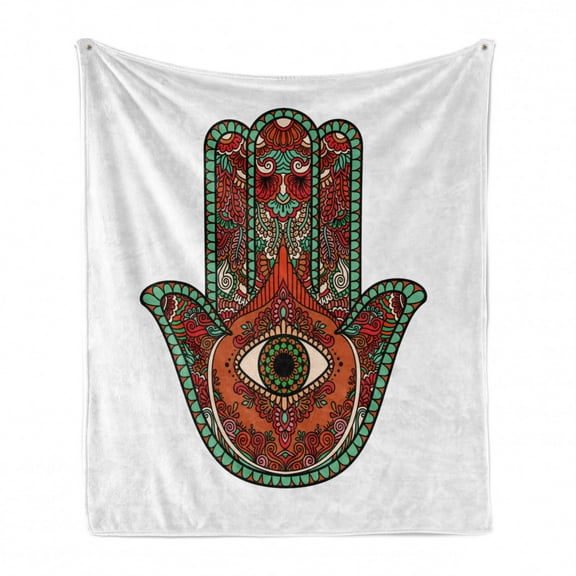 Evil Eye Soft Flannel Fleece Throw Blanket, Vintage Bohemian Style Colorful Hamsa with All Seeing Eye, Cozy Plush for Indoor and Outdoor Use, 50" x 70", Multicolor, by Ambesonne