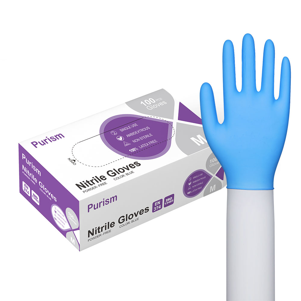Purism Disposable Blue Nitrile Gloves, No Latex, No Powder, Protective