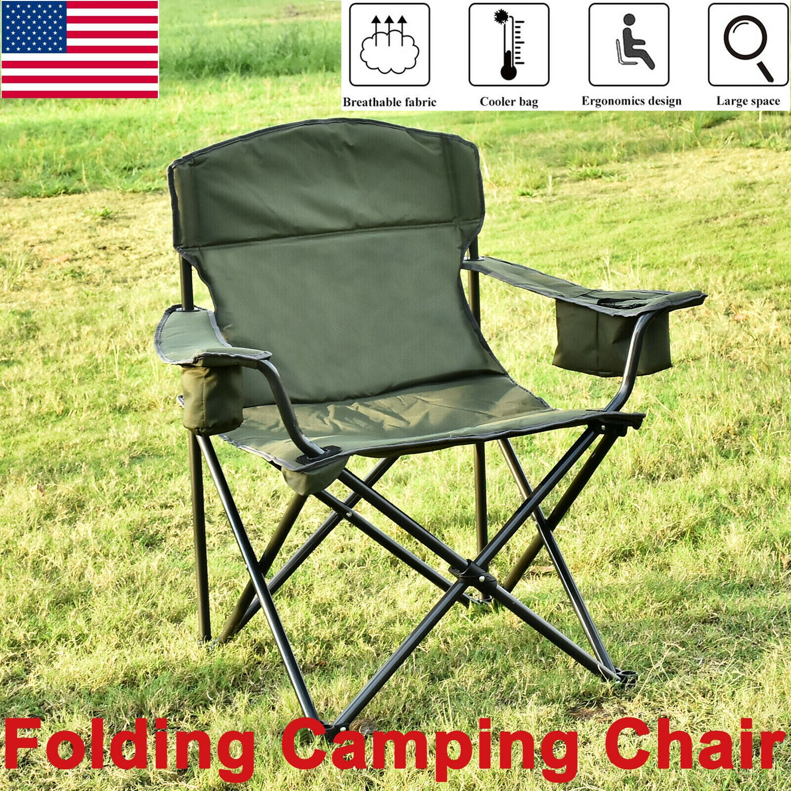 Canvas Folding Green Camping Garden Chair with Cup Holder and Arms 