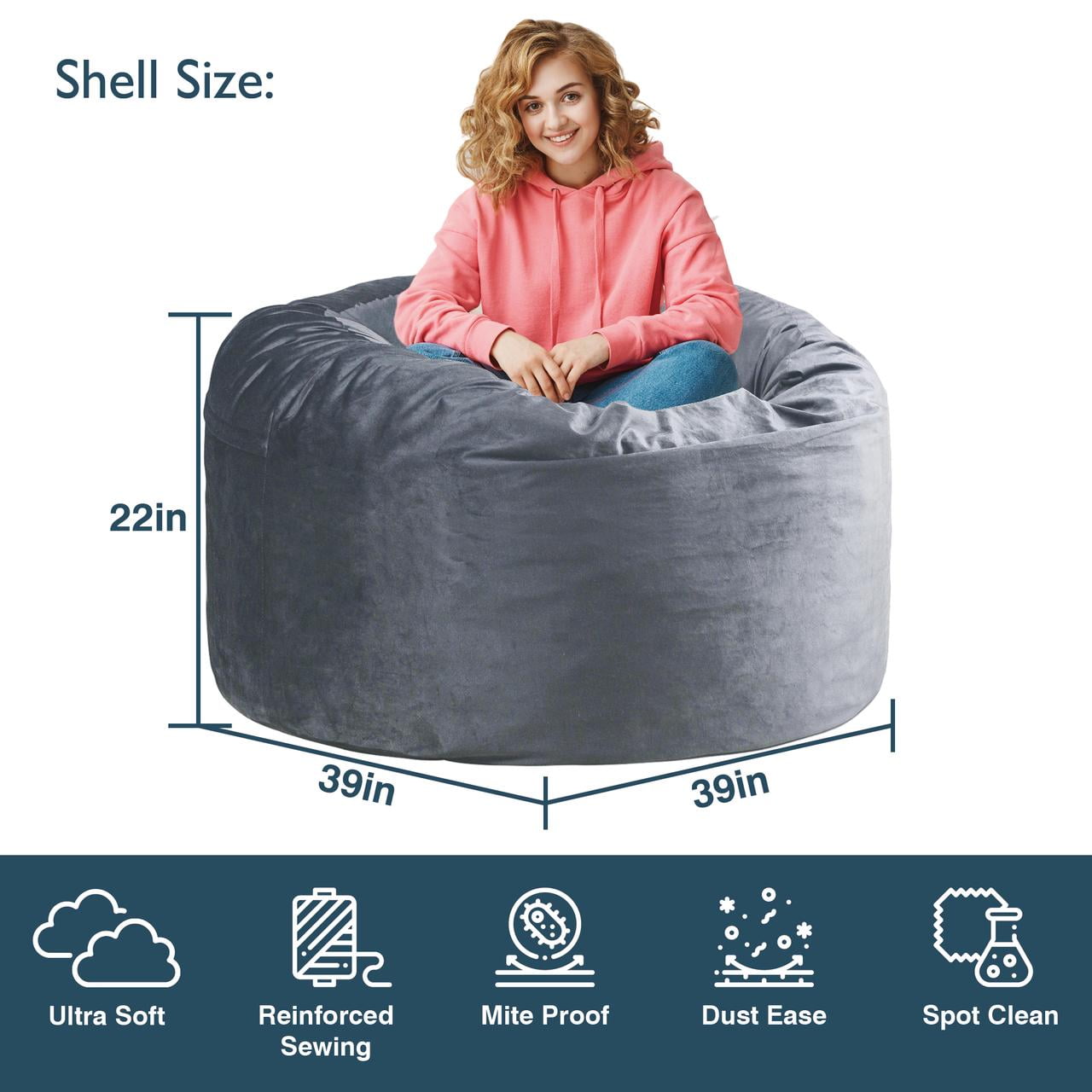 KINMEROOM 3.5~4ft Luxury Velvet Memory Foam Bean Bag Chair for Teenagers & Adults | Gray