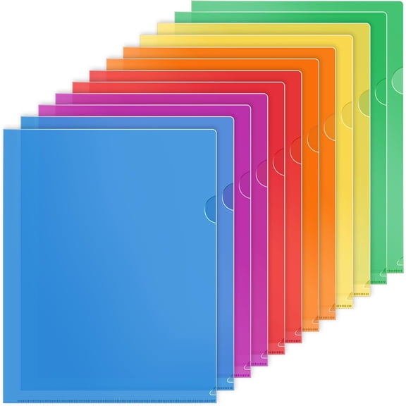Clear Plastic Folders Sleeves 12 Pack, 6 Assorted Colors, Documents Project Pockets for Letter Size 8.5x11 Paper, L-Shaped File Jackets, Acid-Free Poly Plastic
