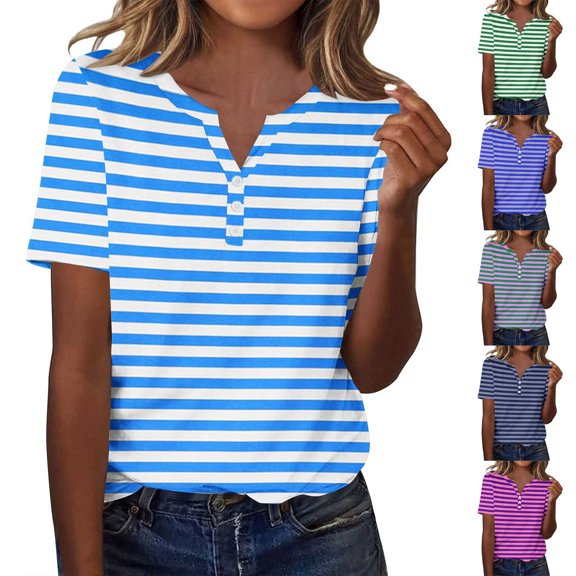 Asxite Womens Tops Short Sleeve Striped Print V Neck Relaxed and Breathable Casual Blouse