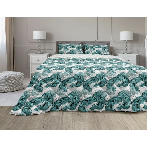 Butterfly Comforter & Sham Bedding Set, Spring Composition with Vintage Butterflies Ornamental Animal Pattern, 3 pcs Duvet Set Microfiber Filling Quilt, 5 Sizes, Pale Blue Black Teal, by Ambesonne