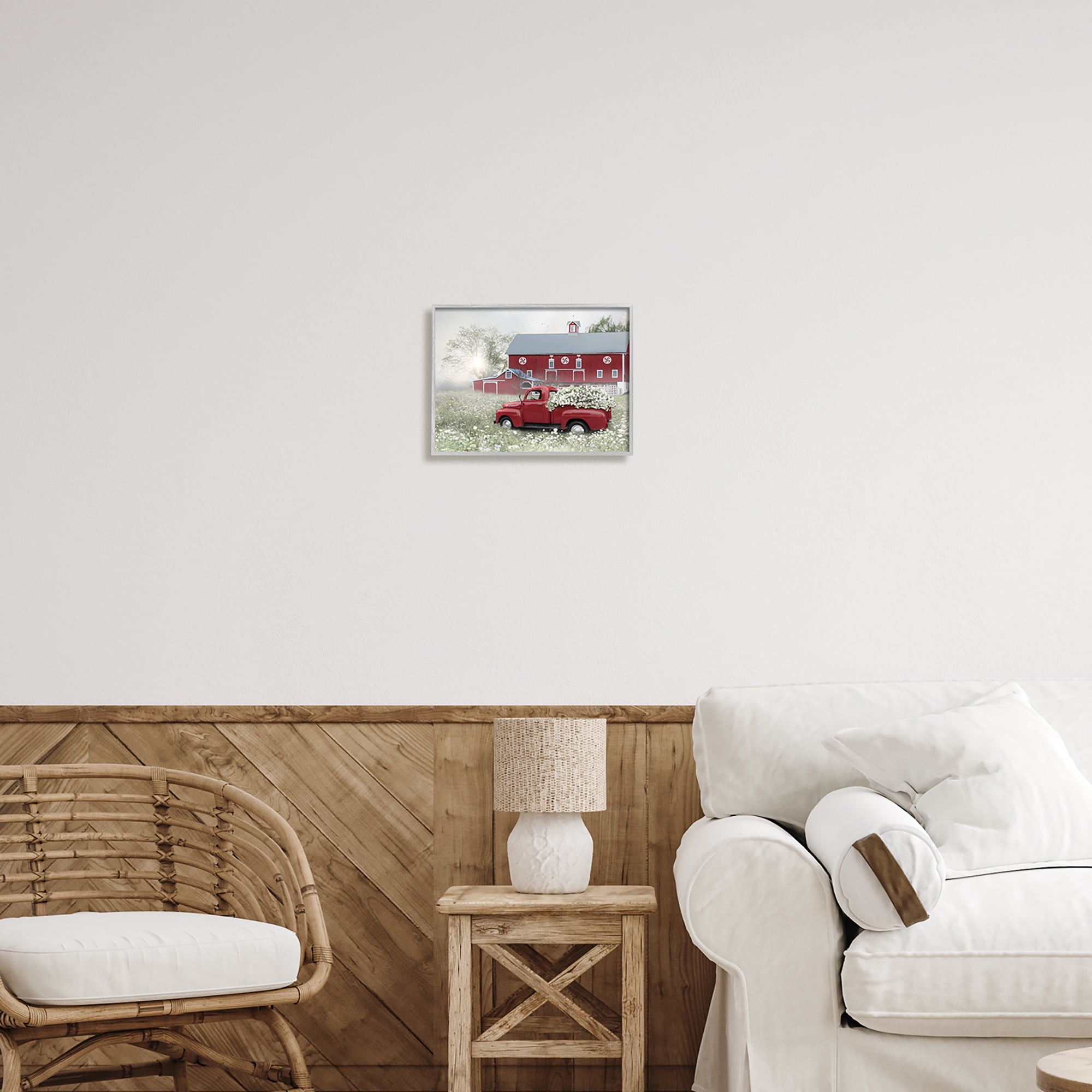 Stupell Red Truck Floral Country Meadow Transportation Painting Gray Framed Art Print Wall Art