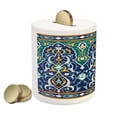 thumbnail image 2 of Moroccan Piggy Bank, Oriental Petals Hippie Vintage Mosaic Design, Ceramic Coin Bank Money Box for Cash Saving, 3.6" X 3.2", Blue Mustard, by Ambesonne, 2 of 4