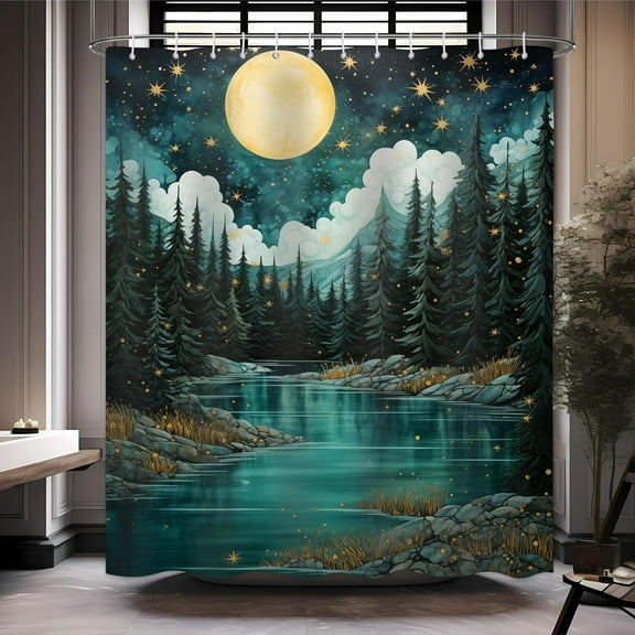 Forest Shower Curtain Lakes Mountain Shower Curtain Starry Night Shower Curtain Sky Stars Moon Nature Landscape Scenery Shower Curtains for Bathroom Decor Set with 12 Hooks 72x72 inches