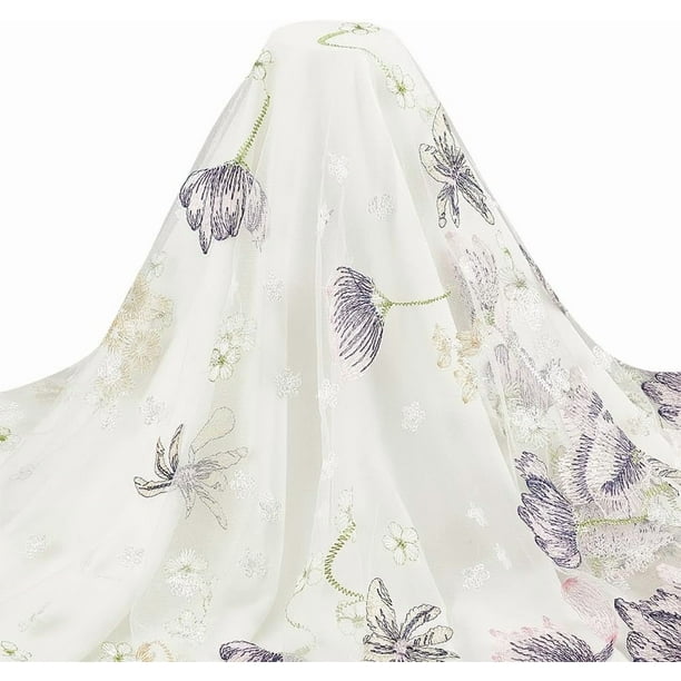1 yarda de tela de tul con encaje y flores bordadas color lila, 59 pulgadas, accesorios para vestidos de novia