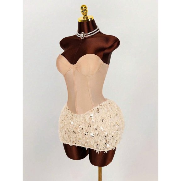 Apricot Solid Corset Bandeau Dress With Furry Sequin Skort, Sweetheart Neckline, Party Mini Dress