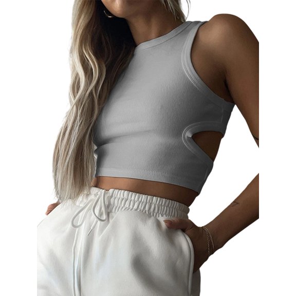 Trendy Crop Tops for Women: Racerback Ribbed Knit Tank Top for Yoga and Gym Workouts Gray XS