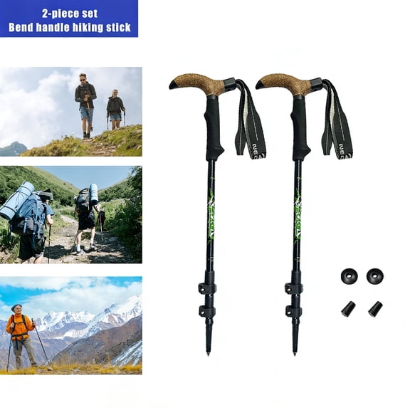 FamilyQL Aluminum Curved Handle Hiking Stick, Multifunctional Outdoor Hiking And Trekking, Lightweight And Durable (2-Piece Set)