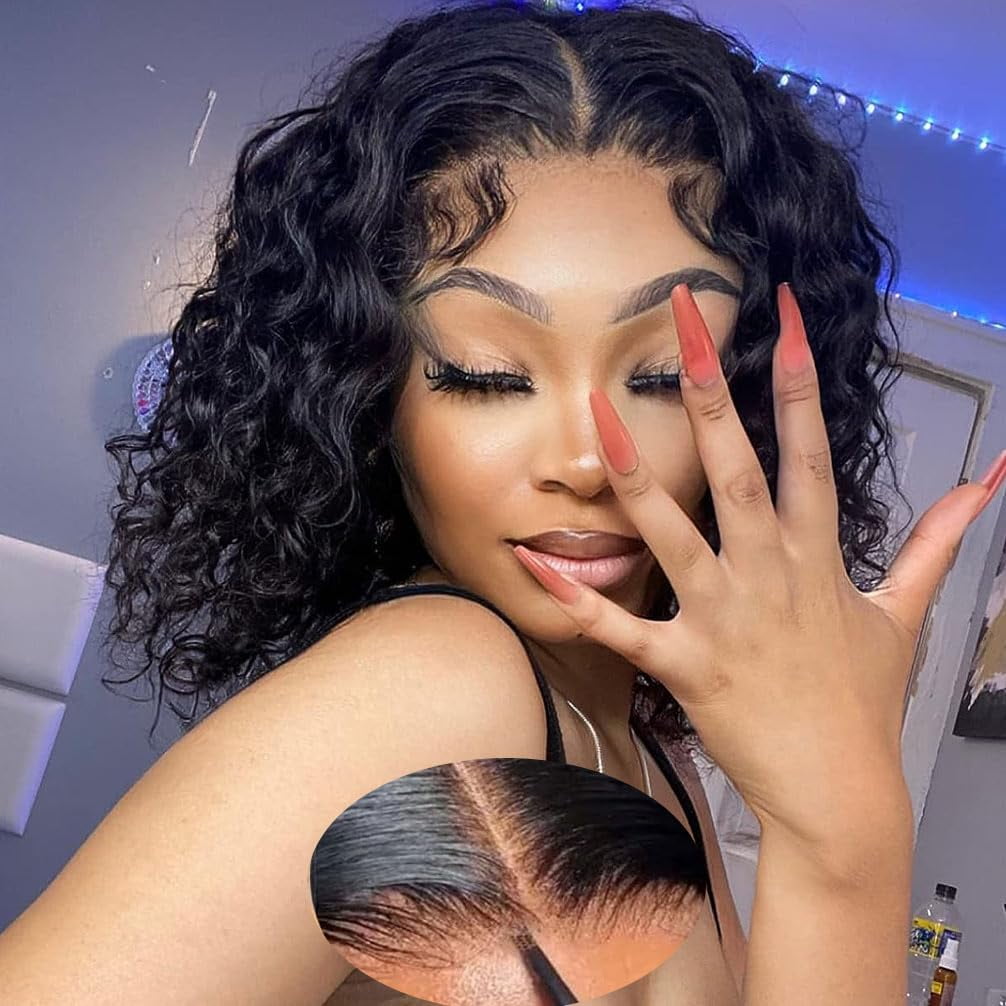 13x6 Bob Wig Water Wave Bob Wigs Human Hair 13x6 Lace Frontal Wigs 200% Density Curly Bob Wig Human Hair Pre Plucked Deep Wave Wig for Black Women Natural Black 8Inch