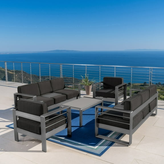 GDF Studio Crested Bay Outdoor Aluminum 8 Seater Chat Set with Cushions, Dark Gray and Gray