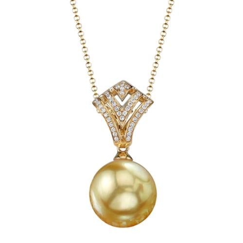 Radiance Pearl 18k Yellow Gold Golden South Sea Pearl Diamond Accent Pendant (9-10mm, 10-11mm, 11-12 mm) by Overstock