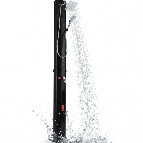 Arlopu 9.3 Gallon Solar Heated Shower w/ 360 Rotating Rainfall, Handheld Head, Temperature Adjustment & Foot Faucet, 7.1FT Outdoor PVC Freestanding Shower for Backyard Beach