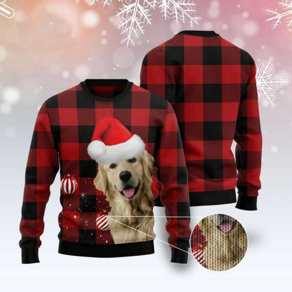 Plaid Pattern Golden Retriever 3D Christmas Sweater, Christmas Sweater, 3D Sweater, Funny Xmas Sweaters
