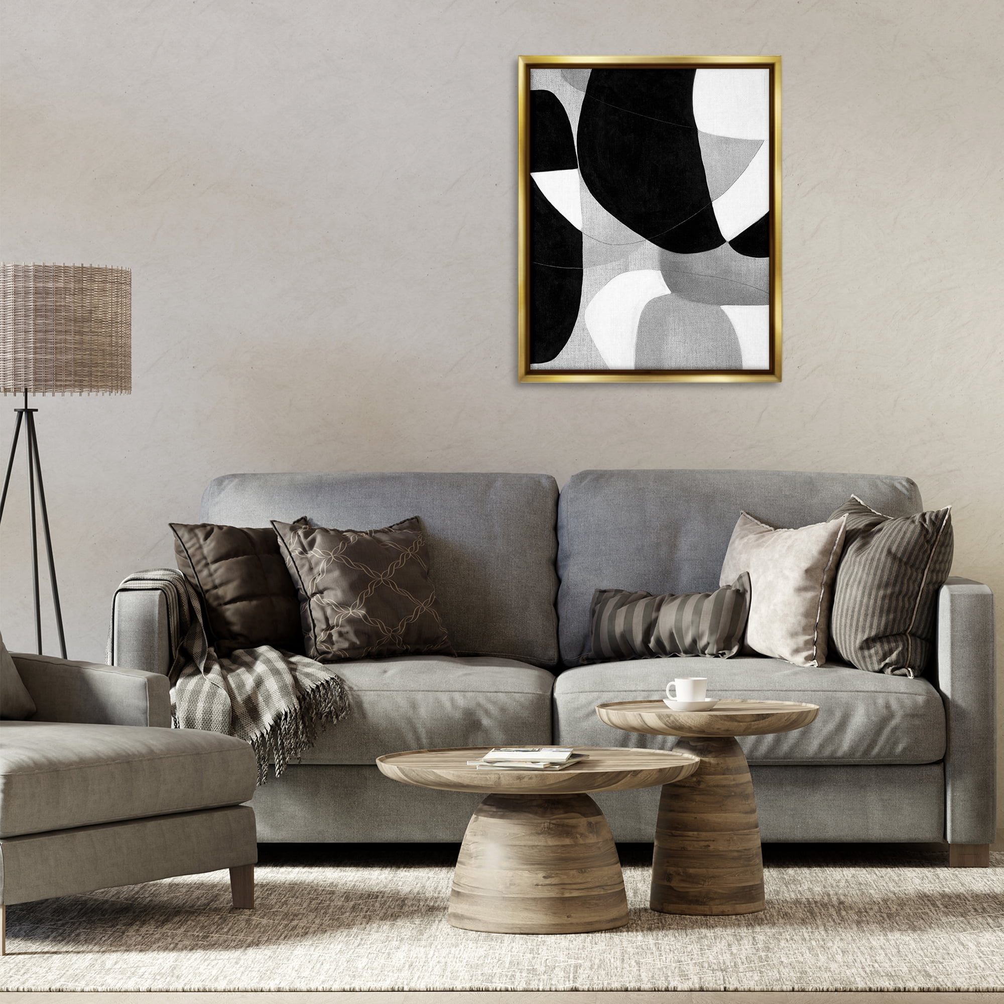 Stupell Industries Monochrome Oblong Shapes Abstract Painting Gold Floater Framed Canvas Art Print Wall Art, 25 x 31