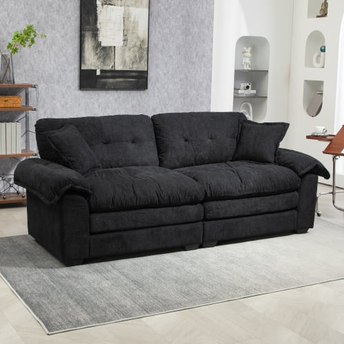 84" Chenille Sofa Small Sofa Loveseat Deep Seat Sofa Couch with 2 Throw Pillows & Memory Foam for Living Room Apartment Office Lounge-Black