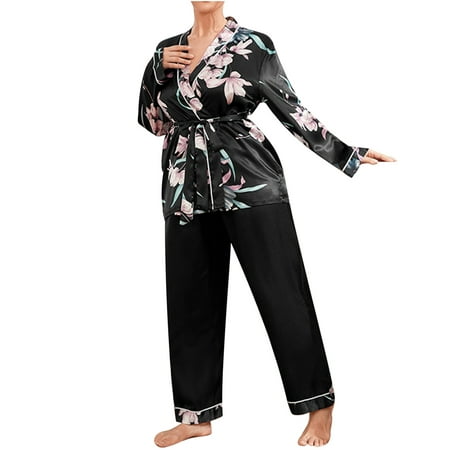 

Satin Pajamas Set for Women Long Sleeve Sleepwear Floral Silk Nightwear 2 Piece Lounge Sets PJ with Robe and Pant Casual Clothes