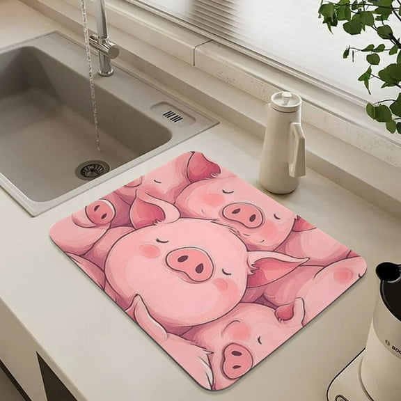Cute Pink Pigs Sleeping Dish Drying Mat for Kitchen Counter Absorbent Drainer Mats (15.7X11.8inch)