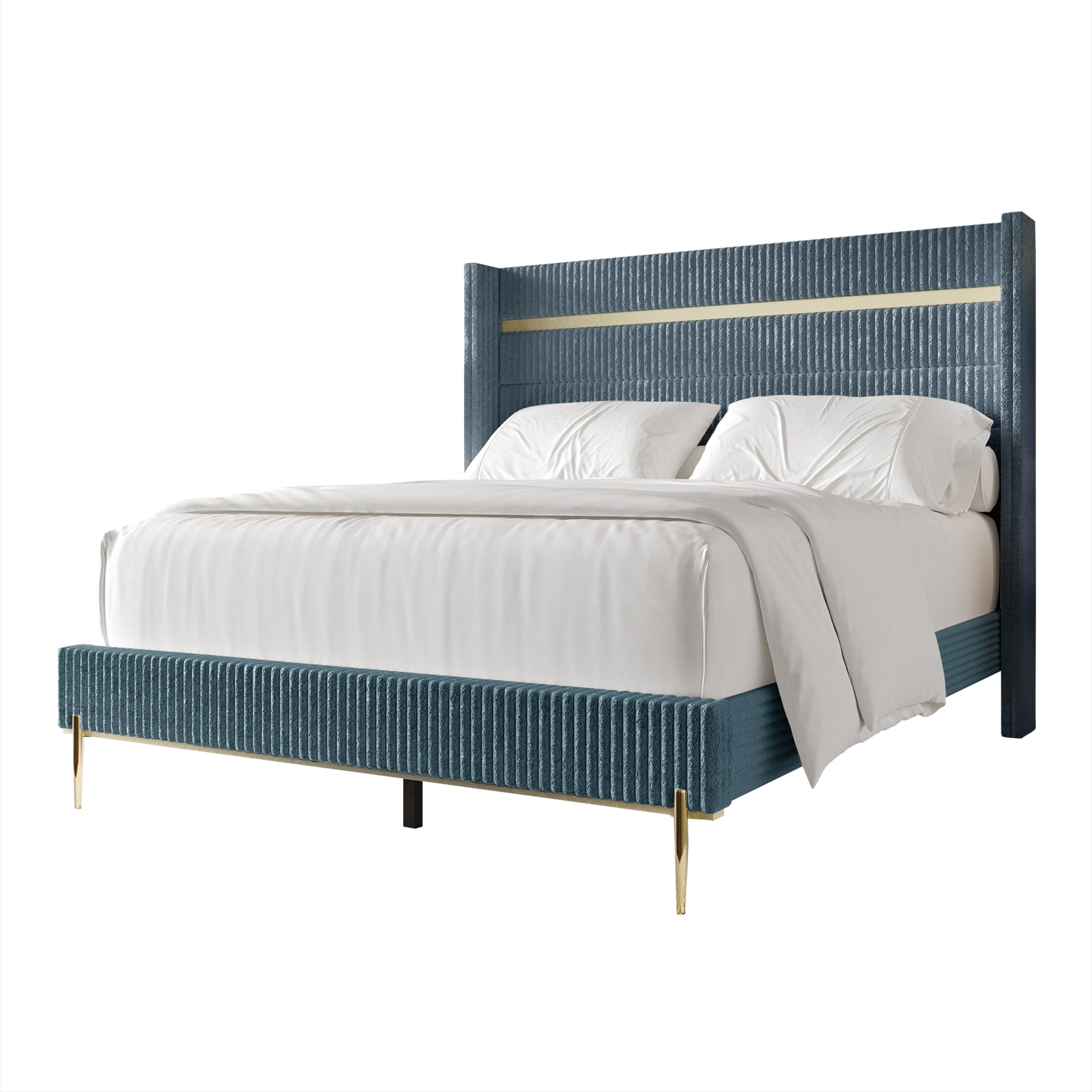 Castle Place Corduroy Gold PU Strip Wingback Upholstered Queen Bed, Light Blue