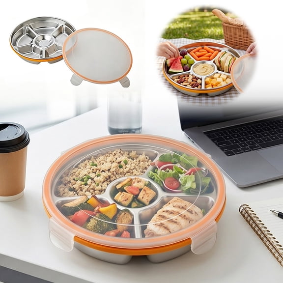 6-compartment Stainless Steel Serving Tray with Lid - 10 Inch Split Tray for Christmas Party Snacks/Vegetables/Fruits, Snackle Box and Tray Container